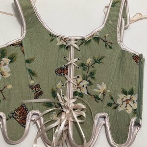 Green Floral Lace-Up Corset Bodysuit with Satin Trim